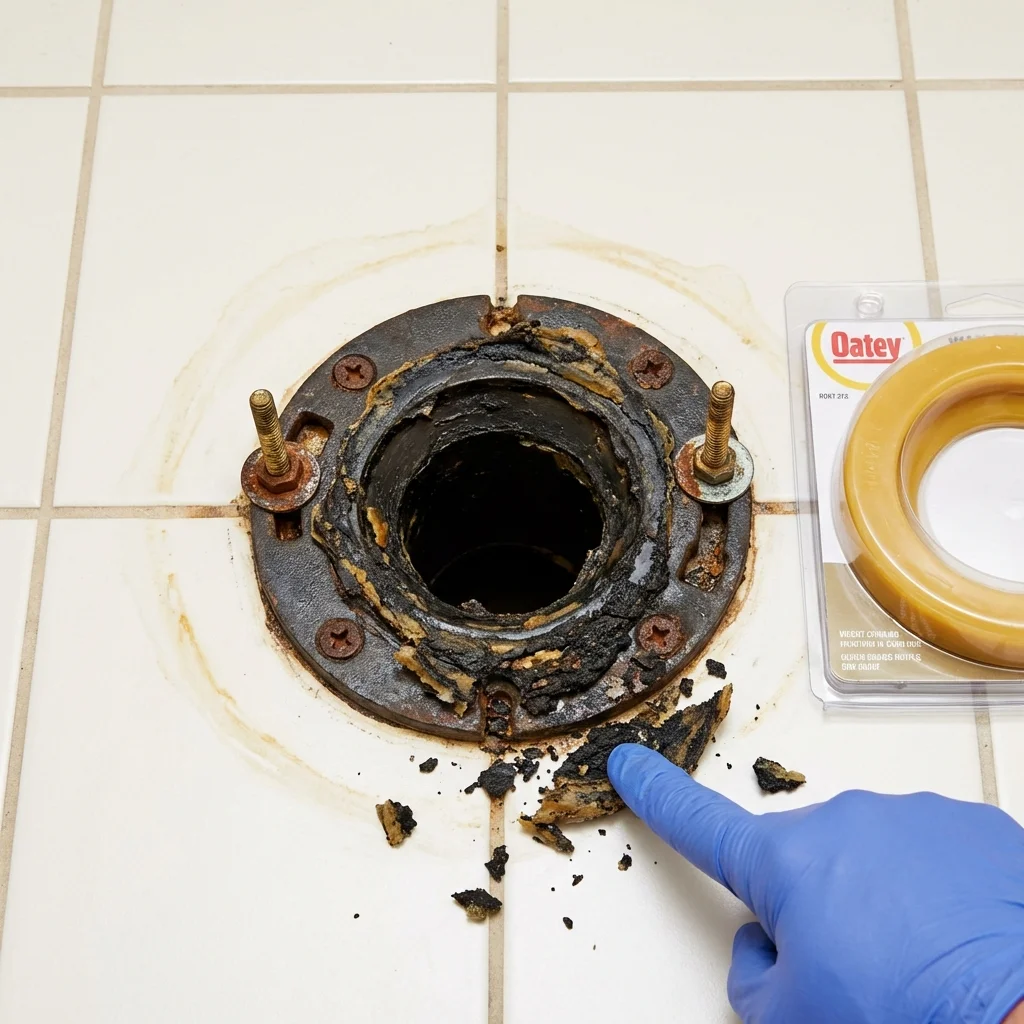 Failed wax ring showing water seepage at the base of a toilet in a Beverly, MA home