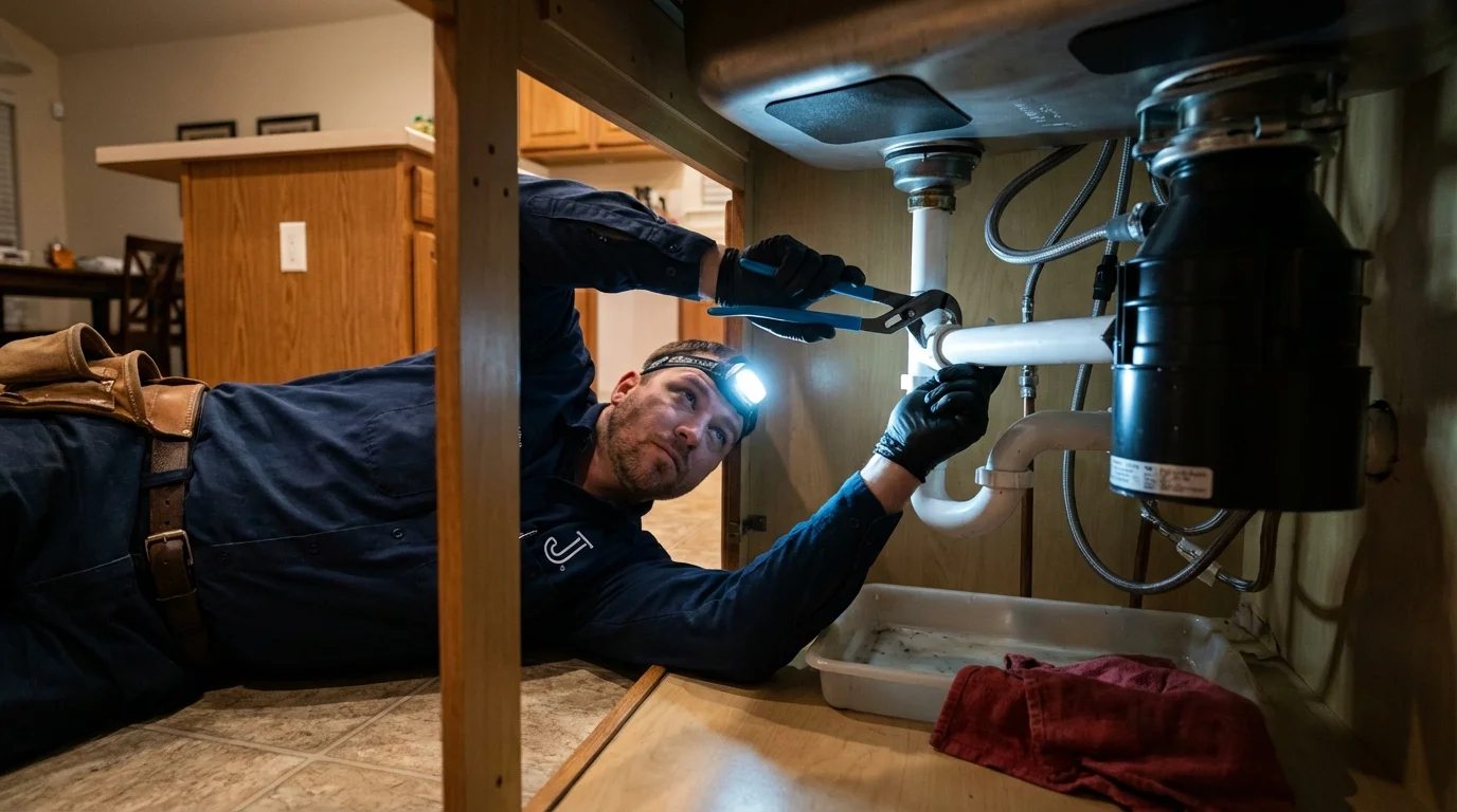 P-trap and supply line connections under a kitchen sink showing a common leak point in Beverly, MA